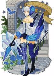 Rule 34 | 1girl, 9 (saki-ooo-kiyu), armor, armored dress, bad id, bad pixiv id, bare shoulders, bird, blue eyes, blue flower, blue rose, boots, choker, crown, crystal, dress, elbow gloves, flower, gloves, gwendolyn (odin sphere), hair ornament, hat, odin sphere, polearm, pteruges, rose, short hair, solo, spear, strapless, strapless dress, thigh boots, thighhighs, valkyrie, weapon, white hair, wings