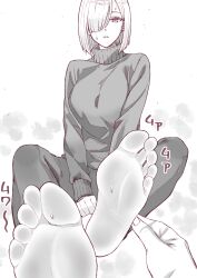Rule 34 | 1girl, ashiura komachi (asikoma777), barefoot, feet, fiona frost, hair over one eye, highres, looking at viewer, medium hair, monochrome, soles, spy x family, steam, sweat, toes, turtleneck