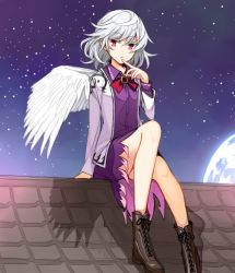 Rule 34 | 1girl, arm support, boots, bow, bowtie, brooch, brown footwear, colored eyelashes, commentary request, cross-laced footwear, dress, feathered wings, finger to mouth, full moon, hair between eyes, hand up, jacket, jewelry, kishin sagume, knee up, lace-up boots, long sleeves, looking at viewer, moon, night, night sky, open clothes, open jacket, outdoors, parted lips, purple dress, red bow, red bowtie, red eyes, rooftop, shadow, short dress, short hair, silver hair, single wing, sitting, sky, solo, star (sky), starry sky, touhou, uruu gekka, white jacket, wings