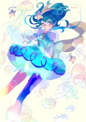 Rule 34 | 1girl, absurdres, air bubble, animal, antennae, aqua eyes, aqua hair, bubble, choker, commentary, cure milky, earrings, english text, floating, floating hair, hagoromo lala, hair ornament, highres, jellyfish, jewelry, magical girl, pointy ears, precure, puffy short sleeves, puffy sleeves, see-through, see-through sleeves, seika (yuimarutoka0219), short hair, short sleeves, sideways glance, sketch, solo, star (symbol), star earrings, star hair ornament, star in eye, star twinkle precure, symbol in eye, trait connection, underwater, wrist cuffs, yellow background