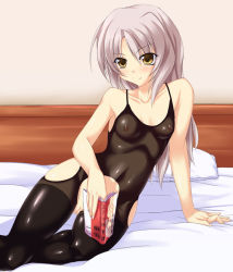 Rule 34 | 1girl, bed, blush, bodystocking, book, breasts, buresu, flat chest, futami shion, hutami shion, long hair, memories off, nipples, pillow, pussy, see-through, silver hair, sitting, smile, solo, spandex, thighhighs, yellow eyes