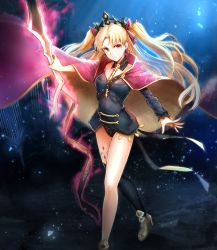 Rule 34 | 1girl, asymmetrical legwear, black leotard, black sleeves, black thighhighs, blonde hair, bow, cape, choker, diadem, ereshkigal (fate), fate/grand order, fate (series), floating hair, full body, hair bow, harunatsu akifumi, highres, holding, holding weapon, leotard, long hair, looking at viewer, red bow, red cape, red eyes, single sleeve, single thighhigh, solo, standing, thighhighs, twintails, two side up, uneven legwear, very long hair, weapon