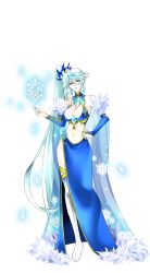 Rule 34 | 1girl, aqua hair, bare shoulders, blue eyes, blue hair, blue nails, boots, breasts, cape, cleavage, crown, earrings, eliza (sennen sensou aigis), full body, fur trim, hand on own hip, highres, ice, large breasts, legs, long hair, looking at viewer, magic, matching hair/eyes, midriff, nail polish, navel, sennen sensou aigis, serious, side ponytail, snowflakes, solo, standing, thigh boots, thighhighs, thighs, transparent background, white background