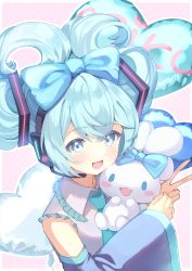 Rule 34 | 1girl, :d, absurdres, balloon, blue bow, blue eyes, blue hair, blue necktie, blush, bow, cinnamiku, cinnamoroll, commentary request, crossover, detached sleeves, frilled shirt collar, frills, hair bow, hair ornament, hatsune miku, headset, heart, highres, holding, looking at viewer, lushuao, necktie, open mouth, pink background, sanrio, smile, tied ears, updo, upper body, v, vocaloid