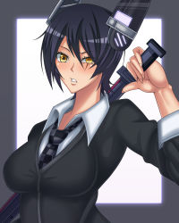 Rule 34 | 10s, 1girl, blue hair, breasts, clenched teeth, headgear, highres, kantai collection, large breasts, looking at viewer, m (masa11051105), necktie, scar, short hair, solo, teeth, tenryuu (kancolle), weapon, yellow eyes
