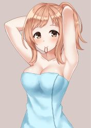 Rule 34 | 1girl, armpits, arms behind head, arms up, bare arms, breasts, brown eyes, brown hair, cleavage, collarbone, commentary, hair tie in mouth, highres, idolmaster, idolmaster shiny colors, kurisu-kun, large breasts, long hair, looking at viewer, mouth hold, ponytail, sakuragi mano, solo, towel, upper body