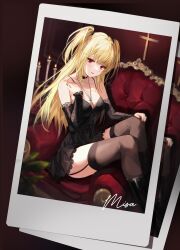 Rule 34 | 1girl, absurdres, amane misa, bare shoulders, black choker, black dress, black ribbon, blonde hair, boots, breasts, candle, choker, cleavage, commentary request, cross, death note, detached sleeves, dress, from side, front-tie top, garter straps, goth fashion, grin, hand on own knee, hand up, highres, hum (ten ten), indoors, jewelry, knees up, lace, lace-trimmed dress, lace trim, long hair, looking at viewer, medium breasts, nail polish, necklace, on chair, photo (object), red eyes, red nails, ribbon, sitting sideways, smile, solo, spaghetti strap, thighs, two side up