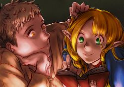 Rule 34 | 1boy, 1girl, adjusting another&#039;s hair, blonde hair, book, braid, choker, closed mouth, dungeon meshi, elf, excited, green eyes, grey hair, hair over one eye, hand on another&#039;s head, hand on own face, happy, head rest, hetero, highres, holding, holding book, laios touden, long hair, long sleeves, looking at another, looking to the side, lying, marcille donato, on side, on stomach, open book, pointy ears, portrait, reading, shirt, short hair, side braid, simple background, sleepwear, smile, twin braids, yellow eyes, zukka