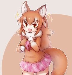Rule 34 | 1girl, animal ears, aticotta, blush, breasts, brown eyes, brown hair, brown thighhighs, fang, gradient hair, highres, japanese wolf (kemono friends), kemono friends, large breasts, long hair, long sleeves, looking at viewer, multicolored hair, open mouth, pink skirt, pleated skirt, skirt, smile, solo, tail, thighhighs, white hair, wolf ears, wolf girl, wolf tail
