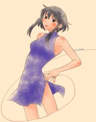 Rule 34 | 1girl, artist name, black hair, blush, breasts, dress, earrings, fire emblem, fire emblem: genealogy of the holy war, i oolong, jewelry, larcei (fire emblem), looking at viewer, nintendo, open mouth, purple tunic, short hair, side slit, sideboob, sidelocks, simple background, sleeveless, sleeveless dress, solo, string, string around finger, string of fate, tunic