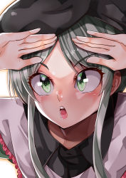 Rule 34 | 1girl, :o, absurdres, black hat, close-up, commentary request, forehead, green eyes, grey hair, hat, highres, mahoro (minase mahoro), open mouth, simple background, solo, tate eboshi, teeth, teireida mai, touhou, upper teeth only, white background