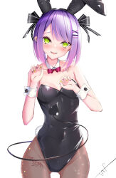 Rule 34 | 1girl, absurdres, animal ears, bare shoulders, black leotard, black pantyhose, blush, bow, bowtie, breasts, cleavage, colored inner hair, demon tail, detached collar, ear piercing, fake animal ears, fishnet pantyhose, fishnets, green eyes, green nails, hair ornament, hair ribbon, hairclip, highleg, highleg leotard, highres, hololive, infy, leg tattoo, leotard, long hair, looking at viewer, multicolored hair, multicolored nails, nail polish, open mouth, pantyhose, piercing, pink hair, playboy bunny, purple hair, purple nails, rabbit ears, rabbit tail, red bow, red bowtie, ribbon, short hair, shoulder tattoo, signature, simple background, small breasts, smile, solo, strapless, strapless leotard, streaked hair, tail, tail ornament, tail piercing, tattoo, thighs, tokoyami towa, virtual youtuber, white background, wrist cuffs, x hair ornament