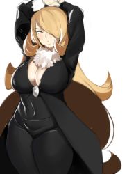 Rule 34 | 1girl, absurdres, arms up, black coat, black pants, blonde hair, bloop (archives), breasts, cleavage, coat, covered navel, cowboy shot, creatures (company), cynthia (pokemon), fur collar, game freak, hair ornament, hair over one eye, highres, hip focus, large breasts, long hair, long sleeves, looking away, nintendo, pants, parted lips, pokemon, pokemon dppt, shirt, simple background, solo, standing, thick thighs, thighs, tight clothes, very long hair, white background, yellow eyes