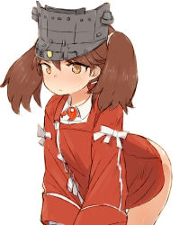 Rule 34 | 1girl, alchera, brown eyes, brown hair, commentary request, cowboy shot, japanese clothes, kantai collection, kariginu, leaning forward, long hair, magatama, no pants, red shirt, ryuujou (kancolle), shirt, simple background, solo, twintails, visor cap, white background