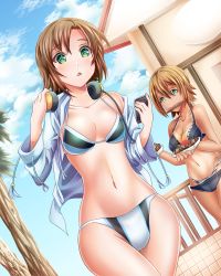 Rule 34 | 10s, 2girls, beach, bikini, breasts, brown hair, cleavage, crow (crowatelier), day, dutch angle, earrings, green eyes, headphones, idolmaster, idolmaster cinderella girls, jewelry, jitome, kimura natsuki, large breasts, looking at viewer, medium breasts, midriff, mouth hold, multiple girls, navel, open mouth, outdoors, short hair, stomach, swimsuit, tada riina, tan, tankini, tanline, triangle mouth