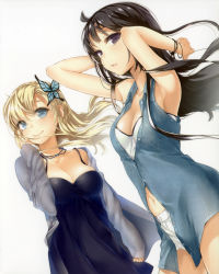Rule 34 | 10s, 2girls, absurdres, armpits, arms up, black dress, black hair, blonde hair, blue eyes, boku wa tomodachi ga sukunai, breasts, buriki, butterfly hair ornament, cardigan, cleavage, coat, collarbone, dress, dutch angle, fang, fang out, female focus, hair ornament, highres, jewelry, kashiwazaki sena, large breasts, long hair, midriff, mikazuki yozora, multiple girls, navel, necklace, official art, open cardigan, open clothes, parted lips, purple eyes, scan, shorts, sleeves past wrists, smile, tareme, tsurime, wristband