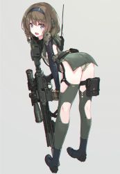 Rule 34 | 1girl, :d, absurdres, ass, belt, blue eyes, boots, braid, breasts, brown hair, chromatic aberration, clothing cutout, commentary request, from behind, full body, grey background, gun, headphones, highres, holding, holding gun, holding weapon, leaning forward, leotard, looking at viewer, looking back, mecha musume, mechanical arms, medium hair, oota youjo, open mouth, original, pouch, rifle, round teeth, scope, side cutout, simple background, single mechanical arm, small breasts, smile, sniper rifle, solo, standing, teeth, thigh pouch, thighhighs, weapon, weapon request
