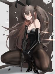 Rule 34 | 1girl, absurdres, alternate costume, animal ears, bare shoulders, black footwear, black gloves, black leotard, black pantyhose, blush, breasts, brown eyes, brown hair, cleavage, collarbone, commentary, elbow gloves, embarrassed, fake animal ears, full body, girls&#039; frontline, gloves, gun, h&amp;k ump, h&amp;k ump, high heels, highres, holding, holding gun, holding weapon, leather, leather gloves, leotard, long hair, looking away, open mouth, pantyhose, parted lips, playboy bunny, pumps, rabbit ears, saturndxy, scar, scar across eye, shoes, side ponytail, simple background, sitting, small breasts, solo, squatting, stiletto heels, submachine gun, table, thighs, ump45 (girls&#039; frontline), weapon