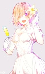 Rule 34 | :d, bad id, bad pixiv id, breasts, choker, cleavage, collarbone, cup, dress, drinking glass, fate/grand order, fate (series), flower, gloves, grey background, hair flower, hair ornament, hair over one eye, holding, holding cup, holding drinking glass, mash kyrielight, mash kyrielight (formal dress), medium breasts, multiple girls, official alternate costume, open mouth, orange hair, purple eyes, ribbon, ribbon choker, short hair, simple background, sleeveless, sleeveless dress, smile, solo, white dress, white flower, white gloves, white ribbon