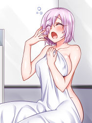 Rule 34 | 1girl, bed, bed sheet, blanket, blush, breasts, covering privates, eyes visible through hair, fate/grand order, fate (series), hair over one eye, large breasts, mash kyrielight, naked sheet, nude, nude cover, on bed, open mouth, purple hair, short hair, sleepy, solo, under covers, waking up, yakisobapan tarou &amp; negitoro-ko, yawning