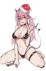 Rule 34 | 1girl, absurdres, between legs, bikini, black bikini, black choker, blush, breasts, choker, christmas, demon girl, demon horns, demon tail, dokuro deluxe, hair between eyes, hair tie, hat, highres, horns, large breasts, long hair, looking at viewer, naughty face, navel, open mouth, orange eyes, original, pink hair, santa hat, simple background, sitting, solo, swimsuit, tail, thigh strap, thighs, twintails, unfinished, wariza, white background