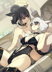 Rule 34 | 2girls, absurdres, animal ears, black-framed eyewear, black hair, black thighhighs, blue eyes, breasts, cat ears, collar, dutch angle, facial mark, final fantasy, final fantasy xiv, glasses, grey hair, halo, hide (hideout), highres, lap pillow, looking at another, medium breasts, miqo&#039;te, multicolored hair, multiple girls, purple eyes, short hair, short ponytail, thighhighs, two-tone hair, warrior of light (ff14), whisker markings, white hair, white thighhighs, yuri
