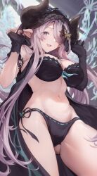 Rule 34 | 1girl, asymmetrical gloves, black panties, blacktail hihi, breasts, commission, demon horns, draph, gloves, granblue fantasy, hair ornament, hair over one eye, highres, horns, large breasts, light purple hair, narmaya (granblue fantasy), navel, panties, pointy ears, skeb commission, solo, stomach, underwear, uneven gloves