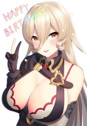 Rule 34 | 1girl, black dress, black gloves, blush, breasts, cleavage, cleavage cutout, clothing cutout, commentary, dress, elbow gloves, fang, from above, gloves, hair between eyes, happy birthday, highres, huge breasts, light brown hair, lips, long hair, looking at viewer, nijisanji, nui sociere, nui sociere (1st costume), open mouth, partially fingerless gloves, simple background, skin fang, smile, solo, upper body, v, very long hair, virtual youtuber, white background, yellow eyes, zussunn