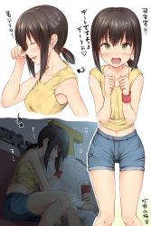 Rule 34 | 10s, 1boy, 1girl, admiral (kancolle), blush, breasts, brown hair, closed eyes, covered erect nipples, excited, food, fubuki (kancolle), green eyes, highres, ichikawa feesu, kantai collection, leaning on person, looking at viewer, looking down, midriff, movie theater, navel, open mouth, ponytail, popcorn, profile, shiny skin, shorts, sitting, sleeping, sleeveless, small breasts, sweat, nervous sweating, tank top, thigh gap, trembling
