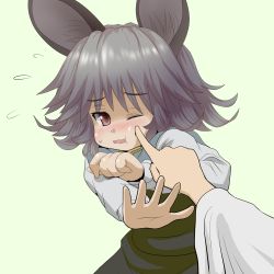 Rule 34 | 1girl, animal ears, capelet, cheek poking, face, female focus, ishikkoro, md5 mismatch, mouse ears, nazrin, poking, red eyes, short hair, solo, toramaru shou, touhou, wince