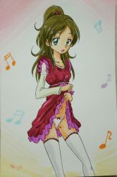 Rule 34 | 1girl, absurdres, ashigaki radar, bow, bow panties, breasts, brown hair, clothes lift, collarbone, dress, dress lift, green eyes, hair bobbles, hair ornament, highres, long hair, long sleeves, looking at viewer, medium breasts, minamino kanade, multicolored background, musical note, navel, open mouth, panties, pink background, pink panties, ponytail, precure, red dress, shirt, sleeveless, sleeveless dress, smile, standing, suite precure, thighhighs, underwear, white background, white shirt, white thighhighs, yellow background