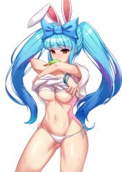 Rule 34 | 1girl, abs, animal ears, bad id, bad pixiv id, blue hair, blunt bangs, blush, bracelet, breasts, clothes lift, commission, daydream (zhdkffk21), dungeon and fighter, food, highres, jewelry, long hair, medium breasts, navel, panties, popsicle, rabbit ears, red eyes, ribbon, shirt, shirt lift, side-tie panties, simple background, solo, sweat, twintails, underboob, underwear, white background