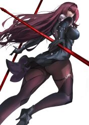 Rule 34 | 1girl, absurdres, armor, ass, black gloves, bodysuit, breasts, closed mouth, cowboy shot, dual wielding, fate/grand order, fate (series), gae bolg (fate), gloves, hair intakes, high heels, highres, holding, holding polearm, holding weapon, large breasts, legs apart, long hair, looking at viewer, looking back, pauldrons, polearm, purple bodysuit, purple hair, purple theme, red eyes, scathach (fate), shoulder armor, simple background, smile, solo, weapon, white background, yujieai