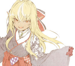 Rule 34 | 1girl, abara heiki, blonde hair, blue kimono, bow, breasts, brooch, commentary, dark-skinned female, dark skin, gloves, hair between eyes, hair bow, hololive, japanese clothes, jewelry, kimono, long hair, looking at viewer, medium breasts, multicolored hair, open mouth, orange eyes, pointy ears, red gloves, shiranui flare, shiranui flare (new year), simple background, smile, solo, streaked hair, traditional media, two-tone hair, upper body, virtual youtuber, white background, white hair, wide sleeves