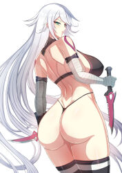 Rule 34 | 1girl, absurdres, aged up, alternate breast size, alternate hair length, alternate hairstyle, arm belt, ass, bandaged arm, bandages, bare shoulders, black panties, blush, breasts, dagger, dimples of venus, facial scar, fate/grand order, fate (series), gloves, green eyes, hair between eyes, highres, holding, holding dagger, holding knife, holding weapon, huge breasts, jack the ripper (fate/apocrypha), knife, large breasts, looking at viewer, lowleg, lowleg panties, panties, ryu abosuki, scar, scar on cheek, scar on face, shoulder tattoo, single glove, solo, tattoo, thighhighs, underwear, weapon, white hair
