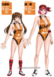 Rule 34 | 2girls, alternate color, antenna hair, bandana, basketball, basketball uniform, bow, breasts, brown eyes, brown hair, character request, character sheet, cleavage, full body, ge xi, hair bow, height difference, highres, kneehighs, leotard, long hair, measurements, multiple girls, orange eyes, original, pink hair, shoes, short hair, sideboob, small breasts, sneakers, socks, sportswear, striped clothes, striped legwear, striped socks, translation request, twintails, watermark, web address