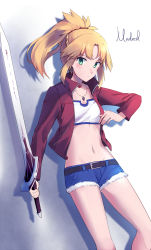 Rule 34 | 1girl, belt, blonde hair, blue shorts, bra, character name, clarent (fate), collarbone, denim, denim shorts, fate/apocrypha, fate (series), green eyes, groin, hair ornament, hair scrunchie, high ponytail, highres, holding, holding sword, holding weapon, jacket, jewelry, long hair, looking at viewer, midriff, mordred (fate), mordred (fate/apocrypha), mordred (memories at trifas) (fate), navel, necklace, open clothes, open jacket, red jacket, red scrunchie, scrunchie, shadow, short shorts, shorts, solo, stomach, sword, underwear, weapon, white background, white bra, yorktown cv-5