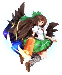Rule 34 | &gt;:/, 1girl, arm cannon, bow, brown hair, cape, full body, hair bow, loafers, long hair, looking at viewer, looking back, maguro (mawaru sushi), red eyes, reiuji utsuho, shoes, simple background, solo, touhou, v-shaped eyebrows, very long hair, weapon, white background, wings