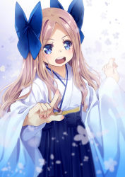 Rule 34 | 1girl, 54hao, :d, asakaze (kancolle), bad id, bad pixiv id, blue bow, blue eyes, blue hakama, blush, bow, brown hair, commentary request, fingernails, floral background, forehead, hakama, hakama skirt, hand up, highres, japanese clothes, kantai collection, kimono, long hair, long sleeves, looking at viewer, open mouth, parted bangs, pointing, pointing at viewer, round teeth, skirt, smile, solo, teeth, upper teeth only, white kimono, wide sleeves