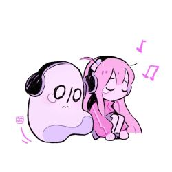 Rule 34 | 1girl, 1other, aukives, blue skirt, bocchi the rock!, chibi, closed eyes, commentary, crossover, english commentary, frown, ghost, gotoh hitori, headphones, jacket, long hair, napstablook, one side up, pink hair, pink jacket, pleated skirt, sitting, skirt, tears, track jacket, undertale