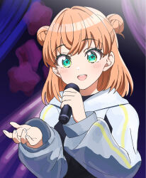 Rule 34 | 1girl, :d, blush, commentary request, crossed bangs, deepness (love live!), double bun, green eyes, hair bun, hands up, highres, hinoshita kaho, holding, holding microphone, jacket, jenny (je2live), link! like! love live!, long sleeves, looking at viewer, love live!, medium hair, microphone, open mouth, orange hair, side up bun, smile, solo, teeth, upper body, upper teeth only, virtual youtuber, white jacket