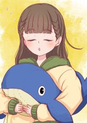 Rule 34 | 1girl, blunt bangs, closed eyes, commentary request, facing viewer, highres, hood, hood down, hooded sweater, hugging doll, hugging object, long hair, long sleeves, love live!, love live! superstar!!, parted lips, sakurakoji kinako, seiha (hnumkt), solo, standing, stuffed whale, sweater, upper body, yellow sweater, zzz
