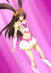 Rule 34 | 00s, 1girl, alternate hairstyle, arm guards, brown eyes, brown hair, cosplay, crop top, cure dream, cure dream (cosplay), closed eyes, henshin, highres, iyakun, long hair, midriff, navel, official alternate hair length, official alternate hairstyle, precure, ribbon, skirt, sleeveless, solo, standing, stomach, suzumiya haruhi, suzumiya haruhi no yuuutsu, transformation, twintails, very long hair, white skirt, yes! precure 5