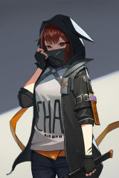 Rule 34 | 1girl, arknights, arm holster, black gloves, black jacket, black pants, breasts, commentary, commission, covering own mouth, cowboy shot, crownslayer (arknights), dagger, english commentary, fingerless gloves, gloves, grey background, hair ornament, hairclip, highres, holding, hood, hood up, jacket, jason kim, knife, looking at viewer, mask, medium breasts, mouth mask, open clothes, open jacket, pants, red eyes, red hair, shade, shirt, short hair, simple background, solo, strap, weapon, white shirt