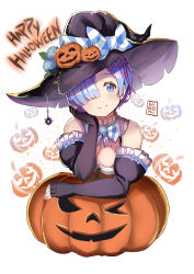 Rule 34 | 10s, 1girl, adapted costume, artist name, bare shoulders, black gloves, black hat, blue bow, blue eyes, blue flower, blue hair, blush, bow, bowtie, breasts, chain, cleavage, closed mouth, cross-laced clothes, detached collar, english text, fingerless gloves, flower, gloves, hair ornament, hair over one eye, hair ribbon, halloween, halloween costume, happy halloween, hat, hat ribbon, head rest, head tilt, highres, hiroki (hirokiart), hydrangea, jack-o&#039;-lantern, looking at viewer, matching hair/eyes, medium breasts, one eye covered, orb, pink ribbon, pumpkin, purple ribbon, re:zero kara hajimeru isekai seikatsu, red ribbon, rem (re:zero), ribbon, shade, short hair, solo, spaghetti strap, spikes, striped bow, striped bowtie, striped clothes, striped neckwear, striped ribbon, torn clothes, torn hat, upper body, white background, witch hat, x hair ornament