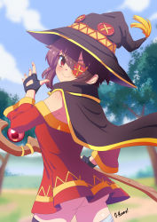 Rule 34 | 1girl, absurdres, ass, bare shoulders, black gloves, brown hair, cape, closed mouth, cowboy shot, day, dress, eyepatch, fingerless gloves, from behind, gloves, hat, highres, kono subarashii sekai ni shukufuku wo!, looking at viewer, looking back, megumin, no panties, oppaihobby, outdoors, red dress, red eyes, short hair, sky, smile, solo, staff, tree, wizard hat