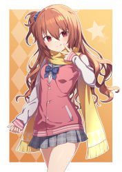 Rule 34 | 1girl, :q, absurdres, blue bow, blush, bow, brown hair, closed mouth, commission, fringe trim, grey sailor collar, grey skirt, hair between eyes, hand up, highres, hiraga matsuri, inaba meguru, jacket, letterman jacket, long hair, long sleeves, one side up, pink jacket, plaid, plaid skirt, pleated skirt, red eyes, sailor collar, sanoba witch, scarf, school uniform, serafuku, shirt, skeb commission, skirt, sleeves past wrists, smile, solo, tongue, tongue out, v, very long hair, white shirt, yellow scarf