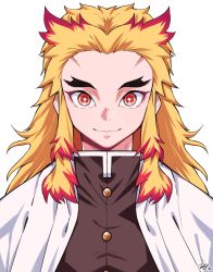 Rule 34 | 1boy, black jacket, blonde hair, cape, closed mouth, commentary request, forehead, forked eyebrows, highres, jacket, kimetsu no yaiba, korean commentary, looking at viewer, male focus, multicolored hair, red eyes, red hair, rengoku kyoujurou, signature, simple background, smile, solo, streaked hair, thick eyebrows, tosyeo, upper body, white background, white cape
