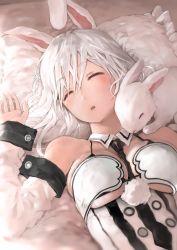 Rule 34 | 1girl, :o, animal, animal ears, bed, bed sheet, between breasts, black necktie, blush, bob (biyonbiyon), breasts, cleavage, closed eyes, day, detached collar, detached sleeves, drooling, frilled pillow, frills, highres, indoors, large breasts, long hair, long sleeves, looking at viewer, necktie, necktie between breasts, on bed, parted lips, pillow, pom pom (clothes), rabbit, rabbit ears, saliva, sleeping, solo, sunlight, underboob, whiskers, white hair