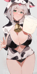 Rule 34 | 1girl, absurdres, animal hood, animal print, bell, bikini, black bikini, blush, breasts, choker, closed mouth, cow hood, cow print, cowbell, cowboy shot, cup, green eyes, grey hair, highres, holding, holding cup, hololive, hood, hood up, hoodie, large breasts, looking at viewer, milk, neck bell, pitcher (container), shirogane noel, smile, solo, swimsuit, thighs, virgo76612871, virtual youtuber